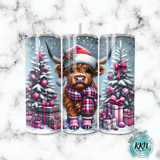 Pink Christmas Highland Cow Tumbler