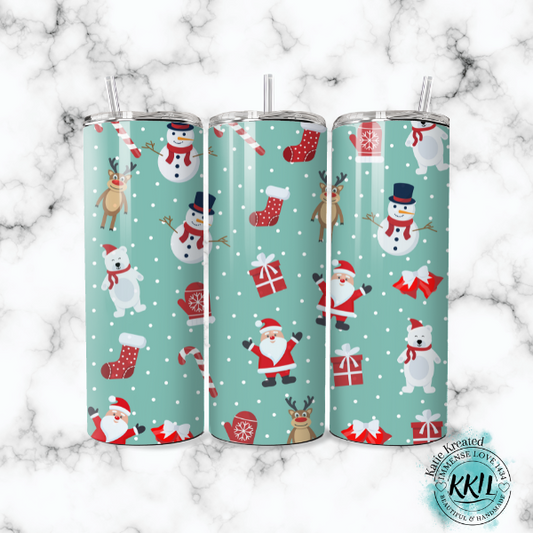 Santa, Polar Bear, Snowman, & Reindeer Teal Tumbler