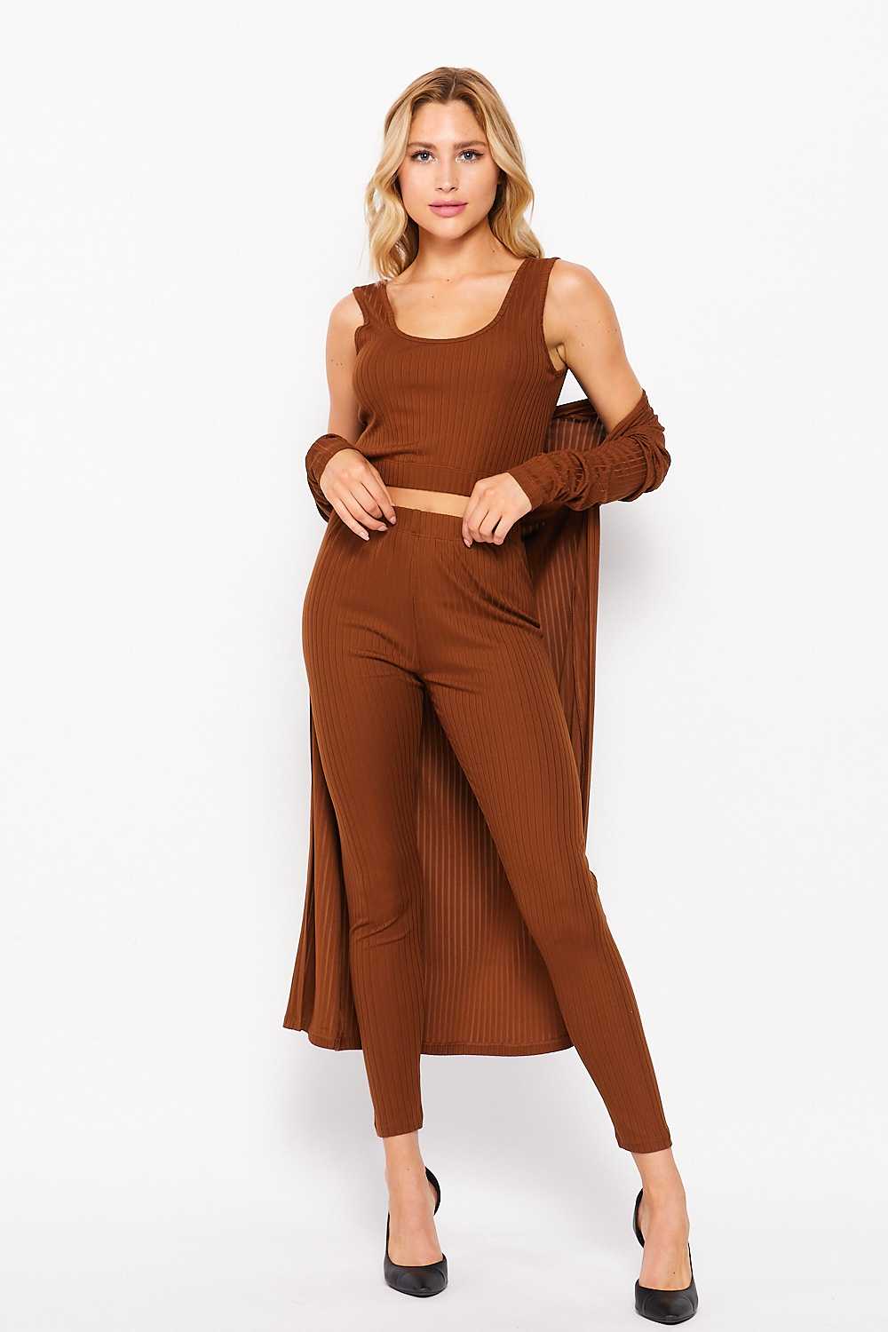 Ribbed 3 Piece Cartigan LoungeWear Set