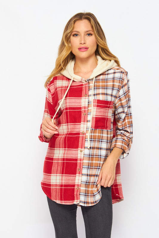 Fall Vibes Two Toned Flannel Hoodie Top