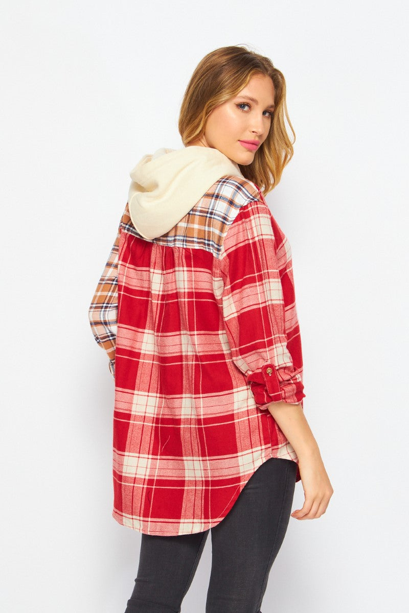 Fall Vibes Two Toned Flannel Hoodie Top