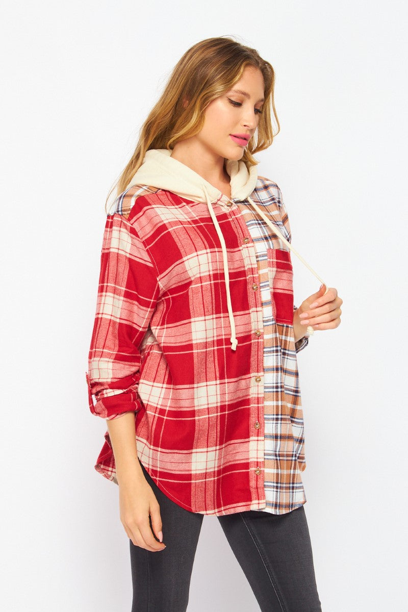 Fall Vibes Two Toned Flannel Hoodie Top