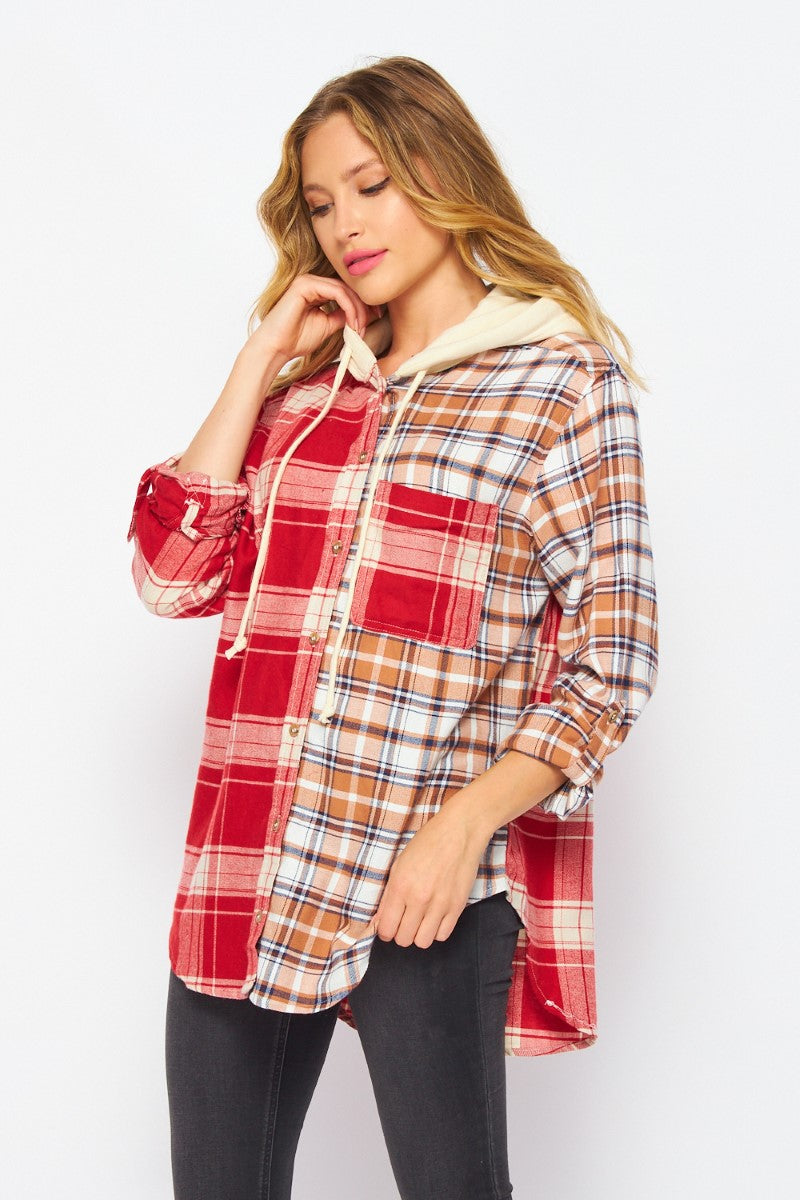 Fall Vibes Two Toned Flannel Hoodie Top