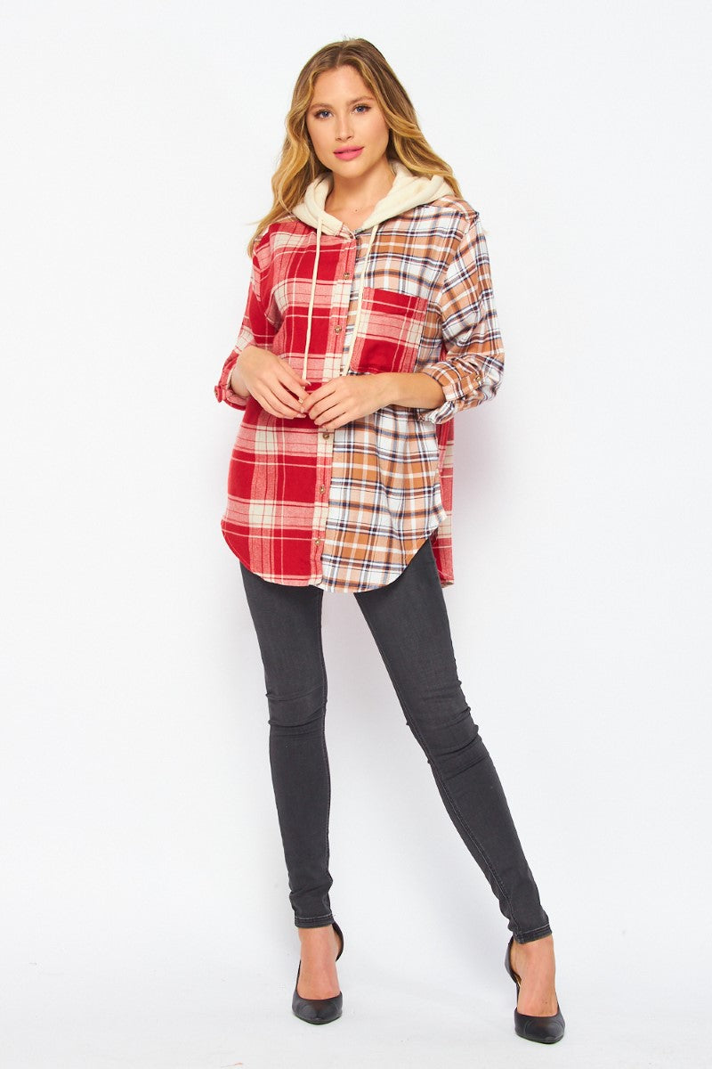 Fall Vibes Two Toned Flannel Hoodie Top